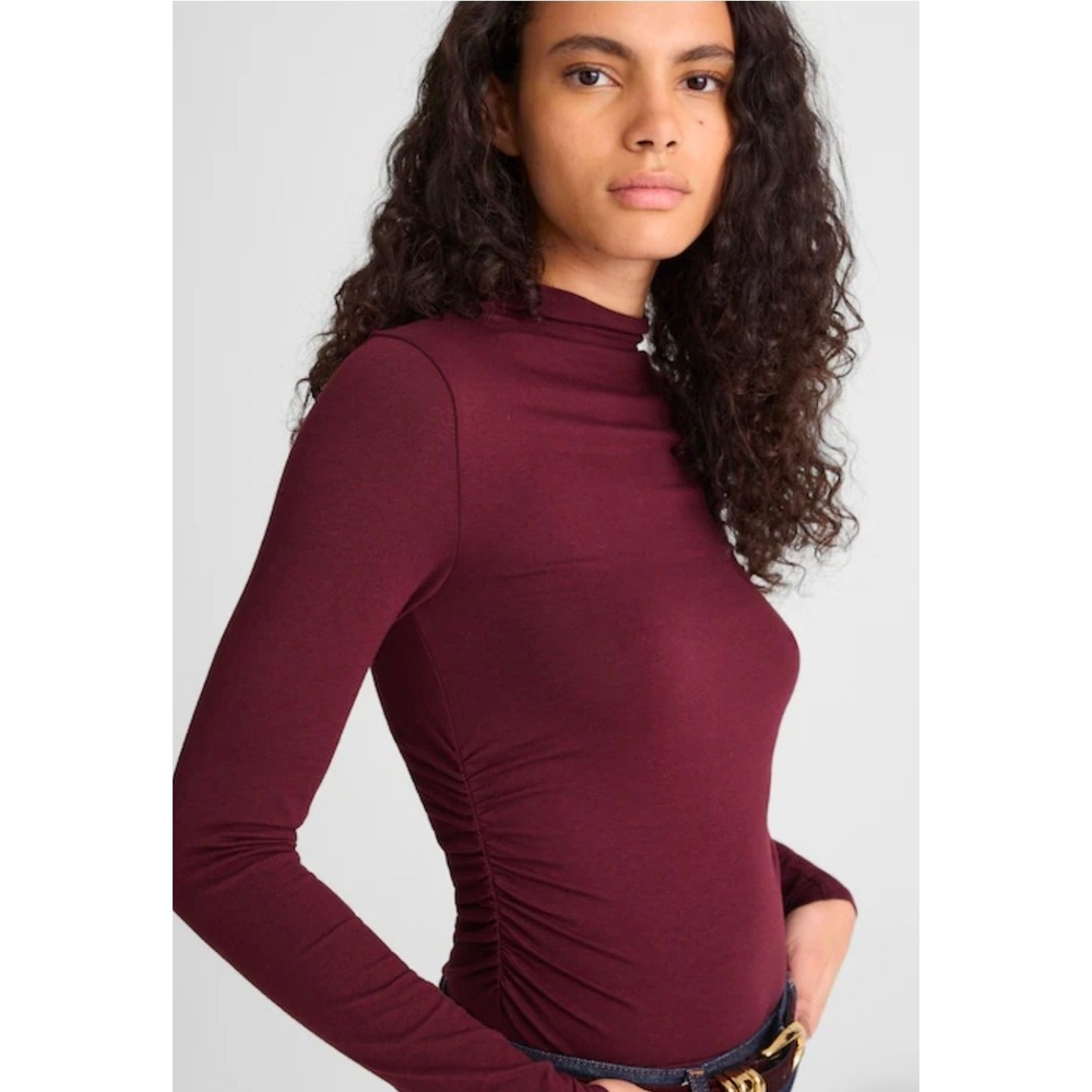 Madewell Women XXS Wine Side Ruched Mockneck Long Sleeve Buttery Soft Top